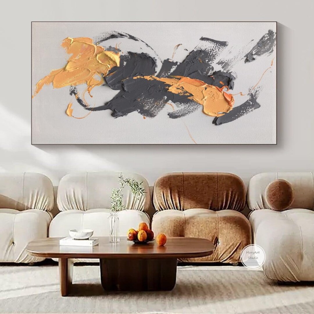 Grey and Orange Modern Abstract Oil Painting Beige Minimalist Textured ...