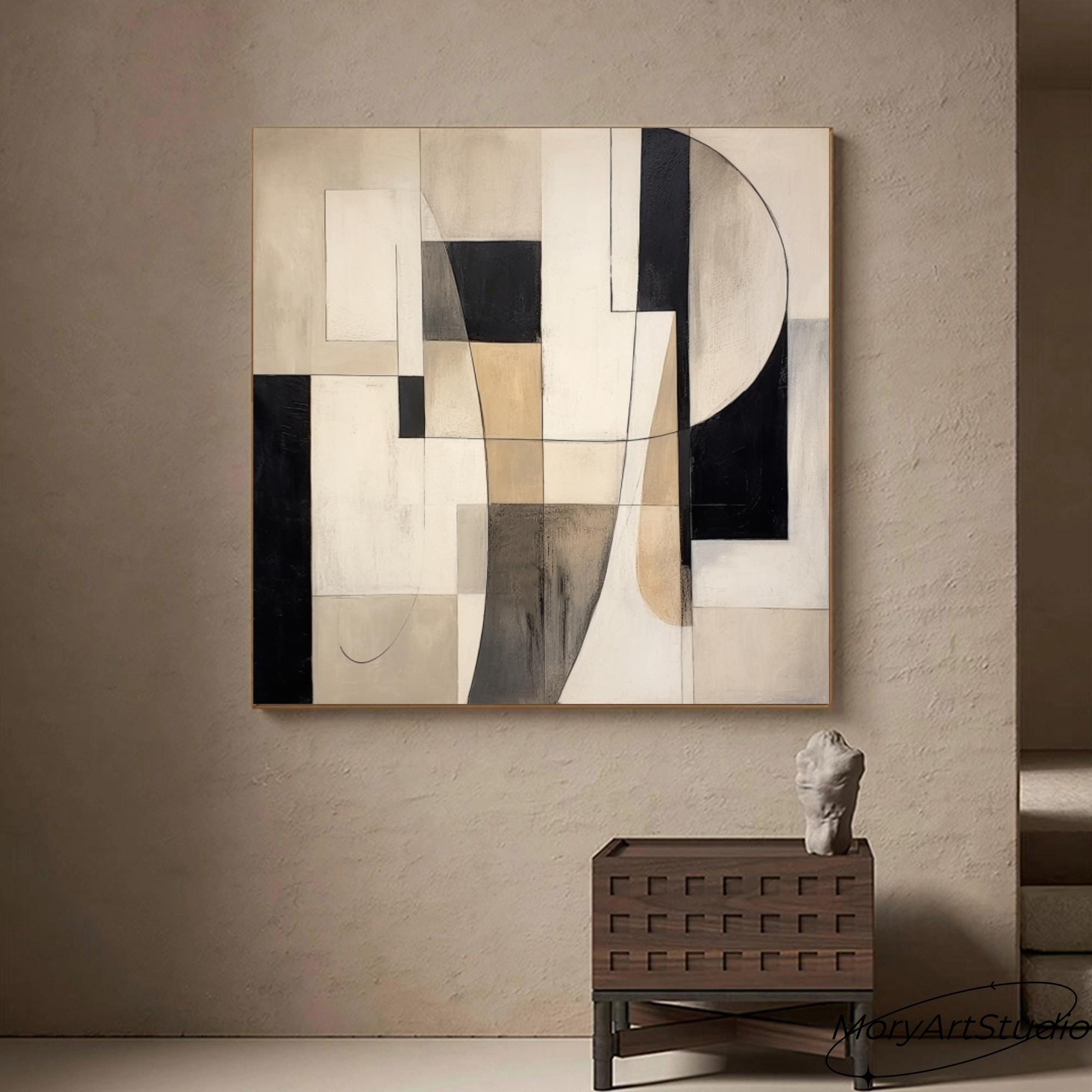 Large Black White Abstract Geometric Oil Painting Modern Wabi Sabi Wall ...