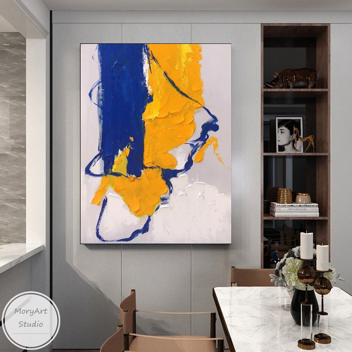 Yellow and Blue Abstract Oil Painting Large Abstract Modern White Wall ...