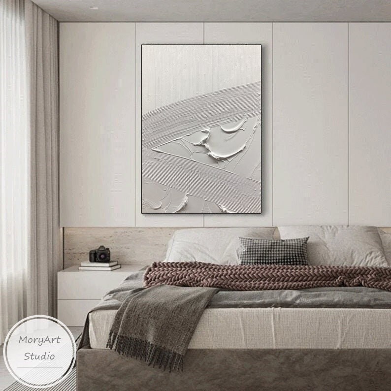 White Abstract Painting White Minimalist Art Bedroom Wall Etsy