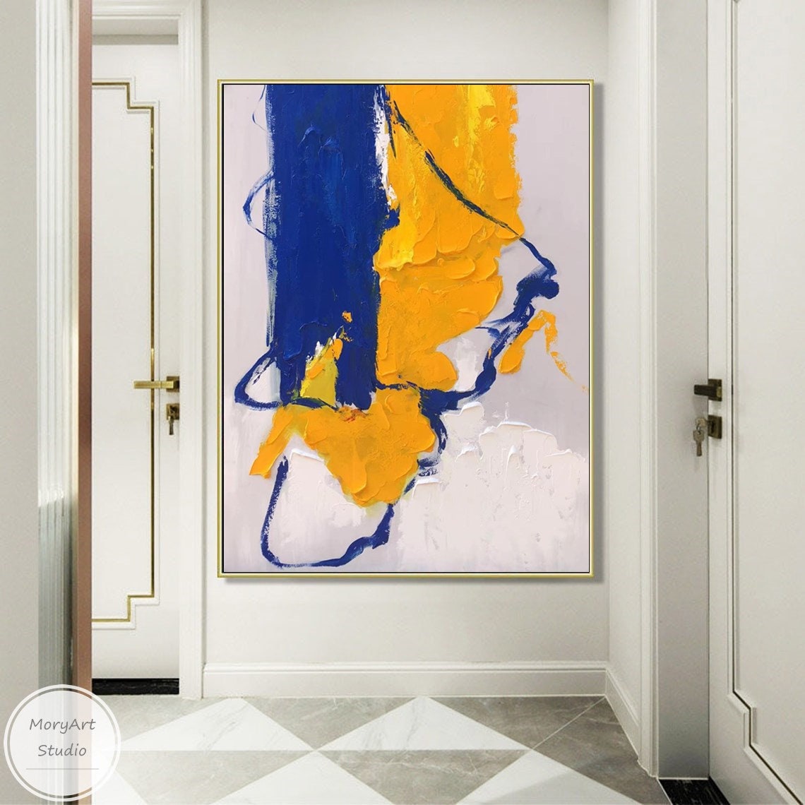 Yellow and Blue Abstract Oil Painting Large Abstract Modern White Wall ...