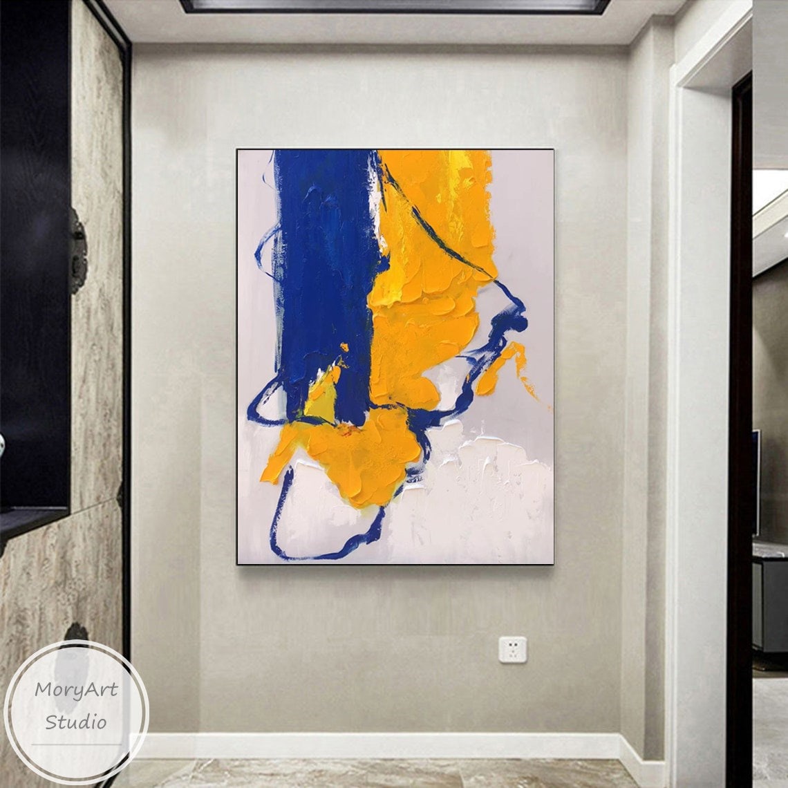 Yellow and Blue Abstract Oil Painting Large Abstract Modern White Wall ...