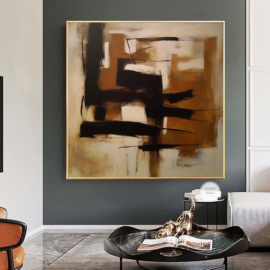 Black and Brown Abstract Oil Painting on Canvas Modern Beige Minimalist