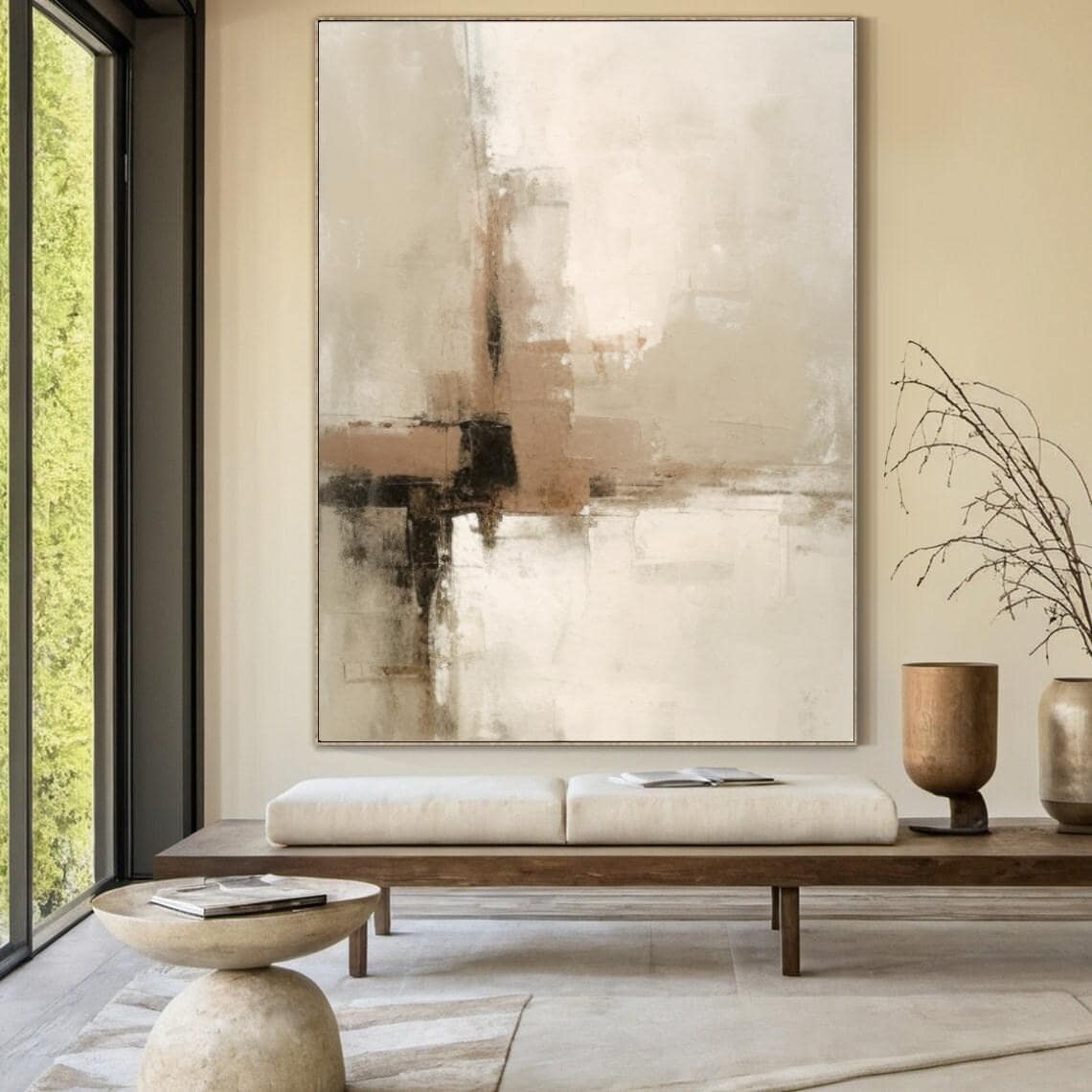 Brown Abstract Oil Painting Large Beige Textured Wabi-sabi Wall ...