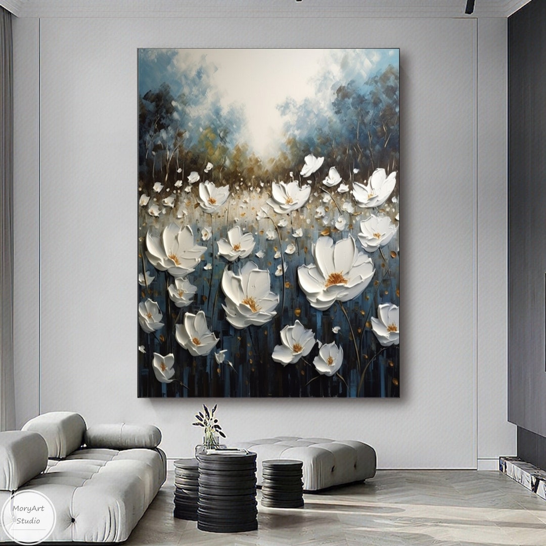 Large White Flower Texture Wall Art Original 3D White Floral Canvas ...