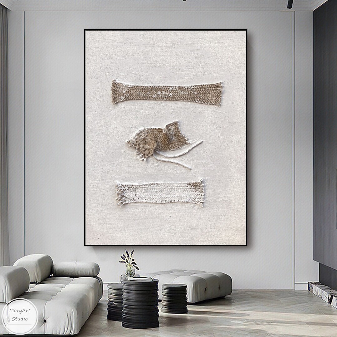 Large White Wall Art 3D White Geometric Textured Painting White