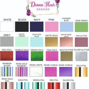 K&ouml;nnte beinhalten: Eine Farbkarte mit einer Vielzahl von Farbt&ouml;nen und Oberfl&auml;chen, darunter Wei&szlig;, Schwarz, Marineblau, Rosa und Salbeigr&uuml;n. Die Karte zeigt auch Glitzer-, Folien- und Hologramm-Optionen. Das Logo "Diana Fleur Designs" befindet sich oben.