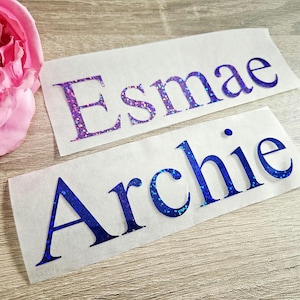May include: Two name decals, "Esmae" in purple glitter and "Archie" in blue glitter, are displayed on a light background. A pink rose is visible in the upper left corner. The decals are likely for personalization.