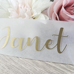 May include: A translucent white name card with the name "Janet" in elegant gold script. The card is set against a backdrop of soft pink and white flowers, suggesting a wedding or event theme.