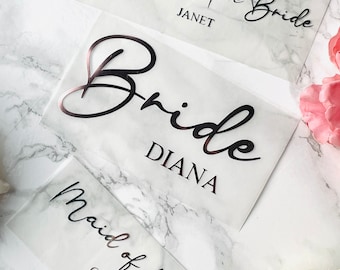 Wedding Iron On Names, Bridesmaid, Bride, Maid of Honour, Flower Girl, Bridal Party, Personalised Clothing