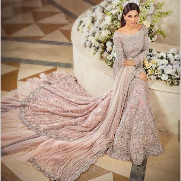 Pink Reception long Trail Gown with delicate and heacvy hand work, Pearlswork,pakistani designer original formal bridal Gown outfit Bespoke