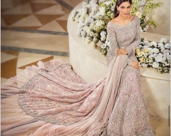 Pink Reception long Trail Gown with delicate and heacvy hand work, Pearlswork,pakistani designer original formal bridal Gown outfit Bespoke