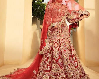 Boda paquistaní de largo recorrido Lehenga Net Veil Bollywood Bridal Nikaah Walima NUEVO atuendo a medida