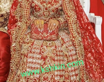 Red KSHKIN Designer Bridal long Trail lehenga with heavy embroidery work Pakistani Wedding wear, Anarkali Dress Bespoke made to order