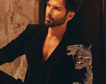 Shahid Kapoor Inspired Lion Embroirdy Black tuxedo Jacket – Handcrafted Indo-Western Designer Outfit by Kshkin