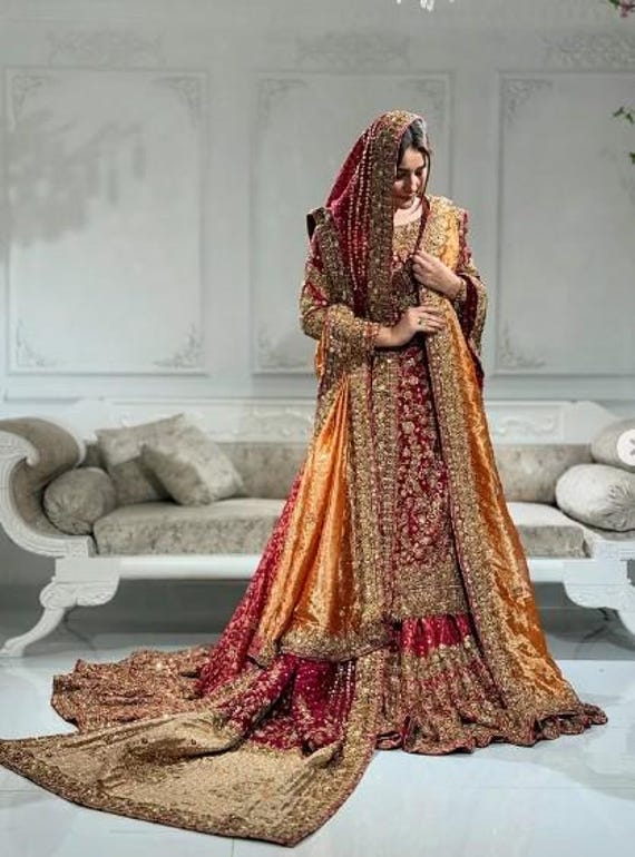 maroon gold wedding dress Luxury & Bridal Lehenga Handcrafted Zardozi Velvet burgundy wedding dress
