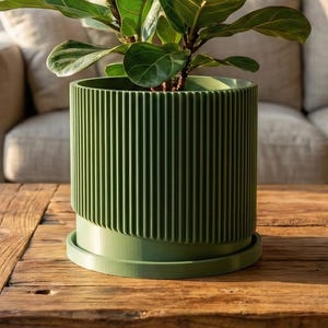 Mid-Century gerippter Blumentopf mit Drainage und Untersetzer in mehreren Farben, 3D gedruckter Blumentopf mit einzigartigem modernen Design, Geschenk, Wave