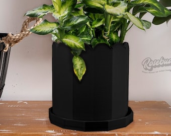 Unique Plant Pot with Drainage and Saucer, Mid Century Modern Pots in Matte Black, Succulent, Cacti and House Plant Planter, Dark Decor
