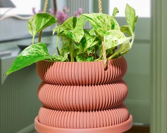 Hanging Planter for Plants With Attached Drip Tray, Indoor Outdoor Pot Unique Gift, Patio Decor, Cottagecore Decor, Entryway, Ribbed Bubble