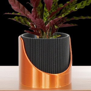 May include: A houseplant with green and burgundy leaves in a black and copper-coloured planter. The planter has a ribbed black interior and a curved copper exterior. The plant is on a wooden surface against a black background.
