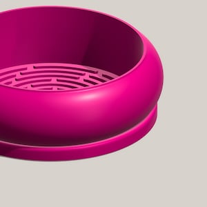 May include: A bright pink plastic bowl with a circular, raised rim and a patterned, indented base.