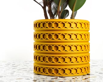 May include: A yellow planter with a honeycomb pattern holds a green rubber plant. The planter is made of a textured material and has a cylindrical shape.