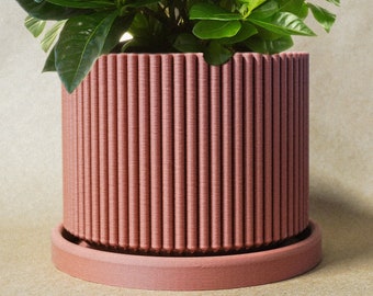 Mid-Century Ribbed Planter with Drainage and Saucer in Matte Terracotta, 3D Printed Planter with Unique Modern Design, Lightweight