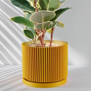 Lightweight 3D Printed Planter with Drainage and Saucer, Unique Pots for Plants, Mustard Yellow, MID CENTURY RIBBED