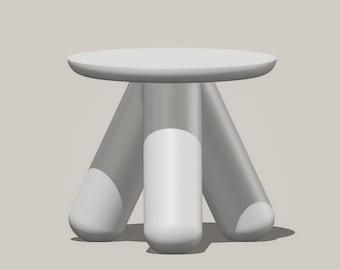 May include: A white, three-legged stool with a round top. The stool is made of a smooth, rounded material.