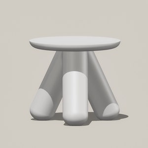 May include: A white, three-legged stool with a round top. The stool is made of a smooth, rounded material.