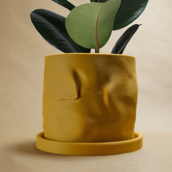Unique Plant Pot with Drainage in Matte Mustard, Arezzo Pots with Saucer, Succulent and Cacti Planter, Lightweight