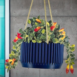 May include: A blue hanging planter with a ribbed design, filled with a vibrant green plant with red and yellow flowers. The planter is suspended from a rope.