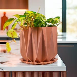 May include: A terracotta-coloured geometric planter with a leafy green plant inside. The planter has a unique origami-like design with a textured surface.