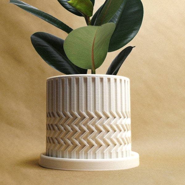 Minimal Zig-Zag Planter Pot with Drainage and Saucer Tray in Matte White, Unique Lightweight Pots for Plants, Modern Indie Room Decor