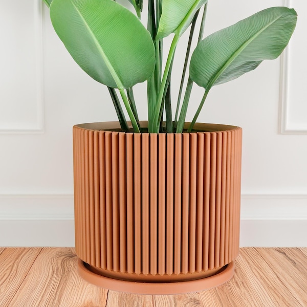 Mid-Century Ribbed Planter with Drainage and Saucer in Matte Terracotta, 3D Printed Planter with Unique Modern Design, Lightweight