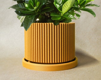 Lightweight 3D Printed Planter with Drainage and Saucer, Unique Pots for Plants, Mustard Yellow, MID CENTURY RIBBED