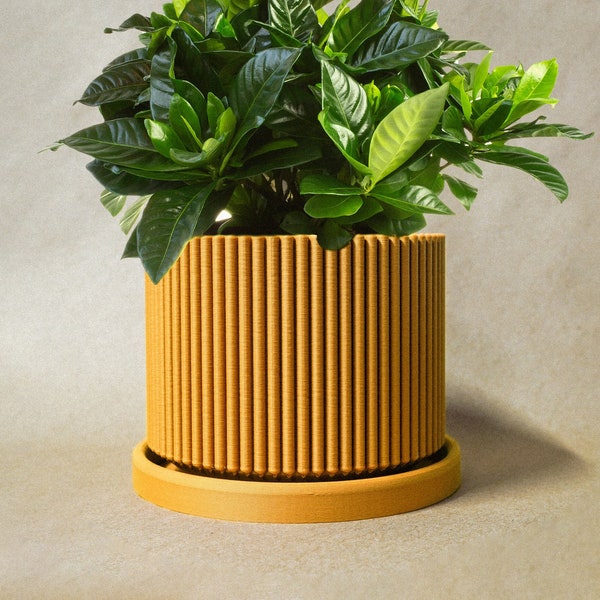 Lightweight 3D Printed Planter with Drainage and Saucer, Unique Pots for Plants, Mustard Yellow, MID CENTURY RIBBED