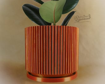 Mid-Century Ribbed Planter with Drainage and Saucer in Shiny Copper, 3D Printed Planter with Unique Modern Design, Lightweight
