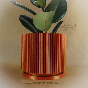 Mid-Century Ribbed Planter with Drainage and Saucer in Shiny Copper, 3D Printed Planter with Unique Modern Design, Lightweight