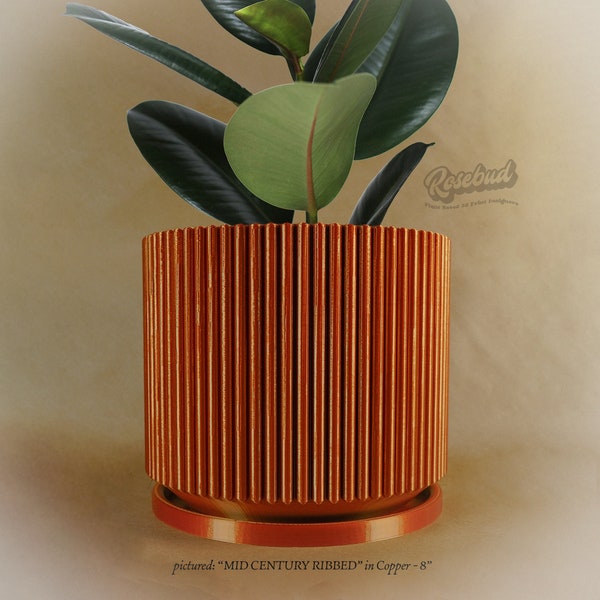 Mid-Century Ribbed Planter with Drainage and Saucer in Shiny Copper, 3D Printed Planter with Unique Modern Design, Lightweight