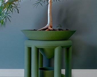 The Conduit Plant Pot with Stand and Water Catch for Indoor Bonsai Pot, Modern, Gifts for Plant Lovers, Original Design
