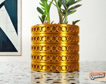 Vaso de plantas moderno e exclusivo, impresso em 3D, hexagonal, com sistema de drenagem e prato coletor de gotas, diversas cores, estilo contemporâneo, Orion.