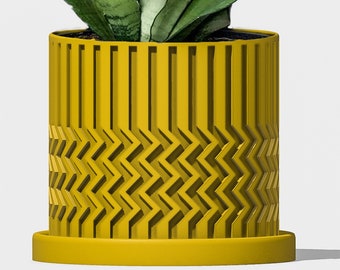 Lightweight 3D Printed Planter in Matte Mustard with Minimalist Wiggle Design, Unique Pot with Drainage and Drip Tray, Aesthetic Decor