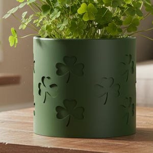 Peut inclure: Un pot cylindrique vert avec des découpes en forme de trèfle, rempli d'une plante verte luxuriante. Le pot est posé sur une table en bois, avec d'autres plantes en pot et une couverture verte à motifs de trèfles en arrière-plan.