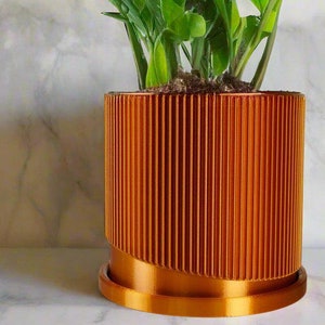 Modern 3D Printed Plant Pot for Plants with Drainage & Saucer - Wave Design Planter Pot in Metallic Copper Bookshelf Decor, Multiple Sizes