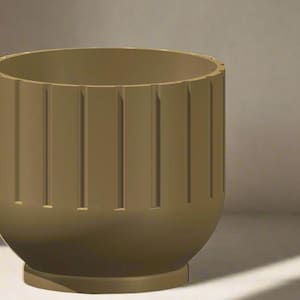 May include: A beige, cylindrical planter with vertical ribbed detailing. The planter has a rounded base and a wide opening. The neutral color and simple design make it suitable for various plants and decor styles.