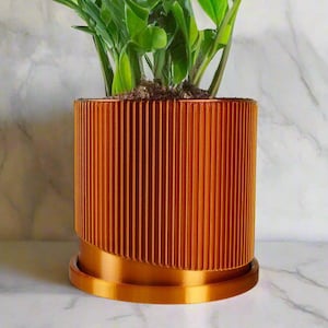 Modern 3D Printed Plant Pot for Plants with Drainage & Saucer - Wave Design Planter Pot in Metallic Copper Bookshelf Decor, Multiple Sizes