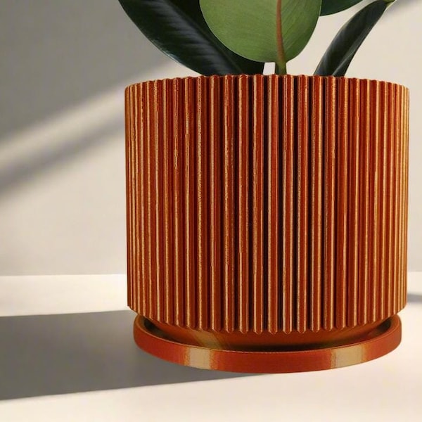Mid-Century Ribbed Planter with Drainage and Saucer in Shiny Copper, Multiple Colors and Sizes, Unique Modern Pottery, Indoor and Outdoor