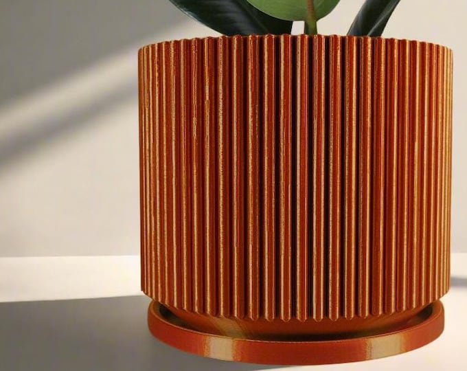 Mid-Century Ribbed Planter with Drainage and Saucer in Shiny Copper, Multiple Colors and Sizes, Unique Modern Pottery, Indoor and Outdoor
