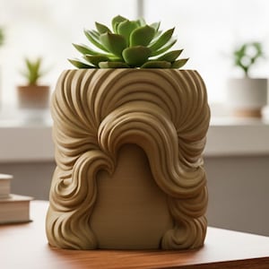 Op de afbeelding: Een beige plantenpot met een textuur van golvende lijnen die aan haar doen denken. De pot bevat een groene vetplant. Het woord Rosebud is in een gestileerd lettertype in de rechterbenedenhoek van de afbeelding gedrukt.
